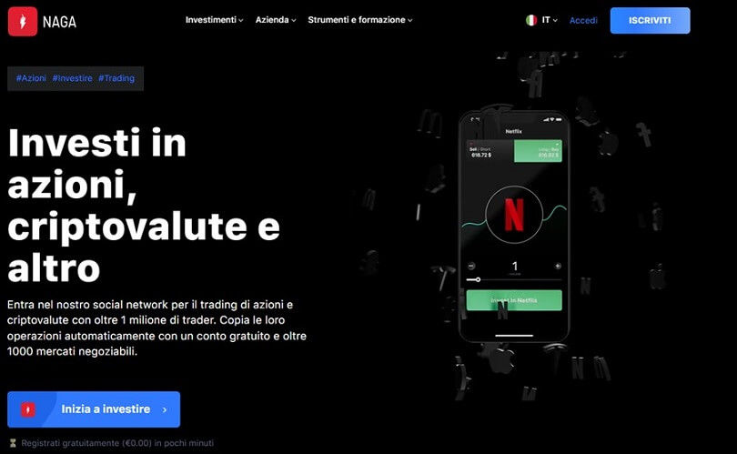Schermata principale del sito di NAGA per aprire un conto demo