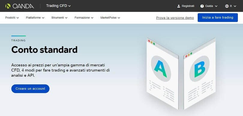 pagina del conto standard offerto da oanda