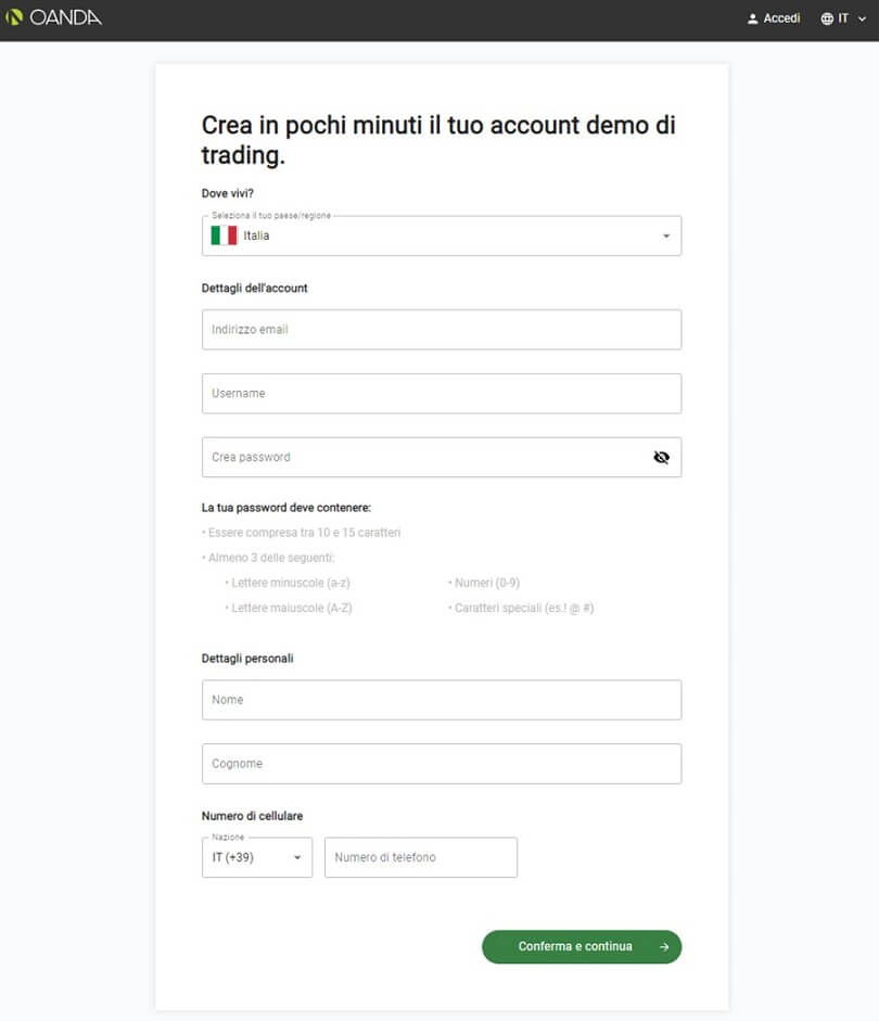 Modulo di registrazione per il tuo conto demo di Oanda