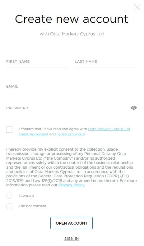 Modulo di registrazione per il tuo conto demo di Plus500