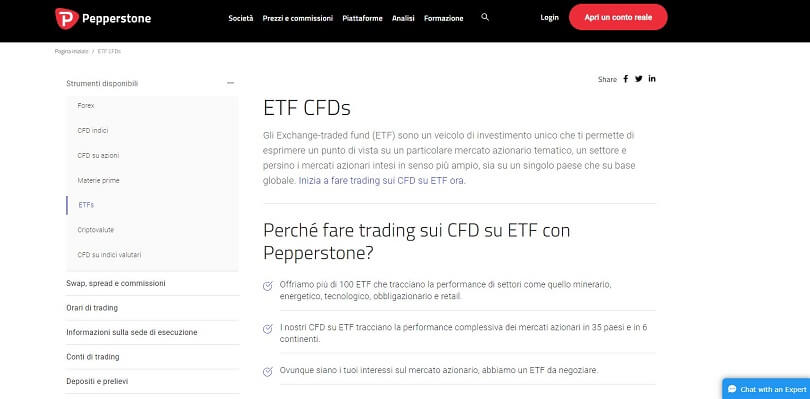 pagina riassuntiva degli etf di pepperstone