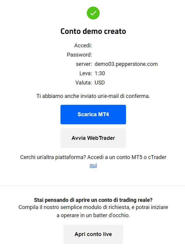 Schermata di conferma per il tuo conto demo con Pepperstone