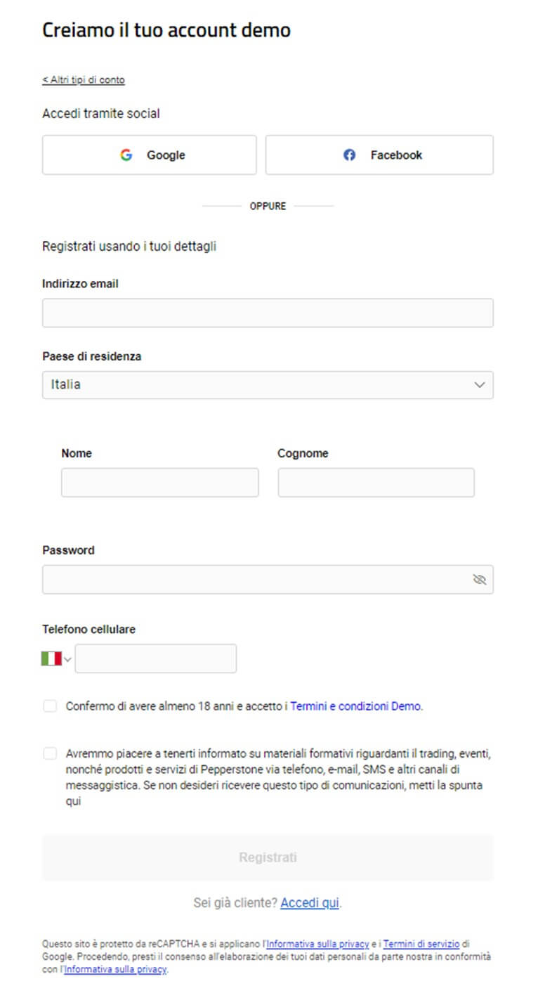 Modulo di registrazione per il tuo conto demo di Pepperstone