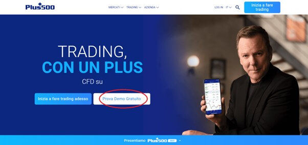 Schermata principale del sito di Plus500 per aprire un conto demo