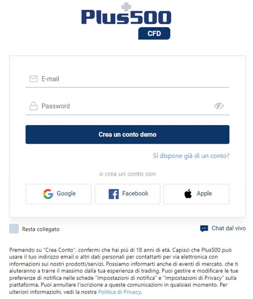 Modulo di registrazione per il tuo conto demo di Plus500