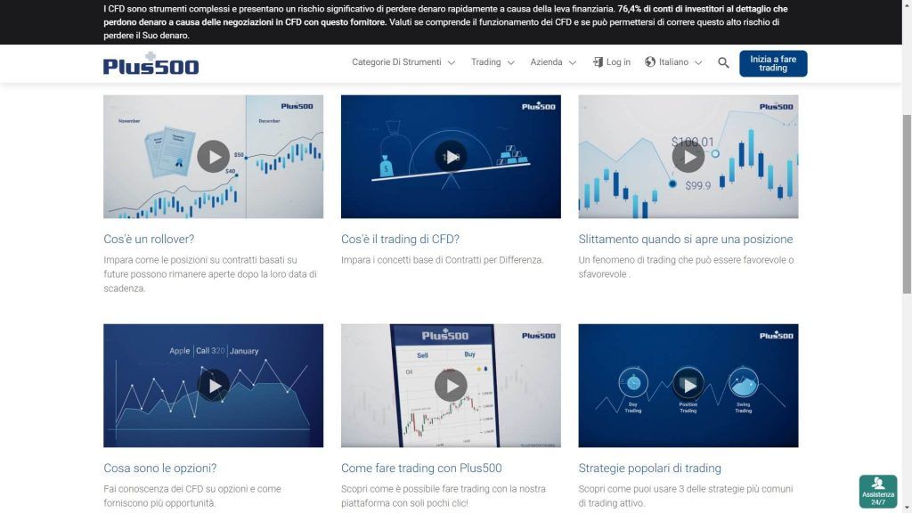 Sezione di Plus500 dedicata ai video e alla formazione