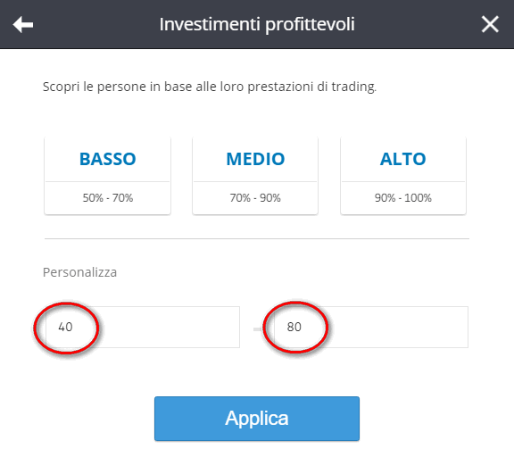 ricerca trader etoro filtro 5