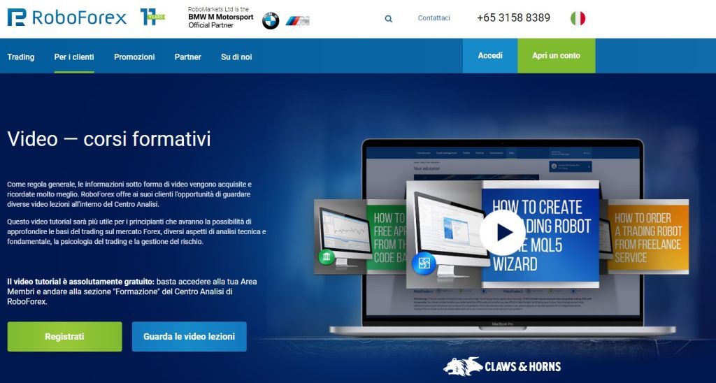 Sezione dei video formativi di Roboforex