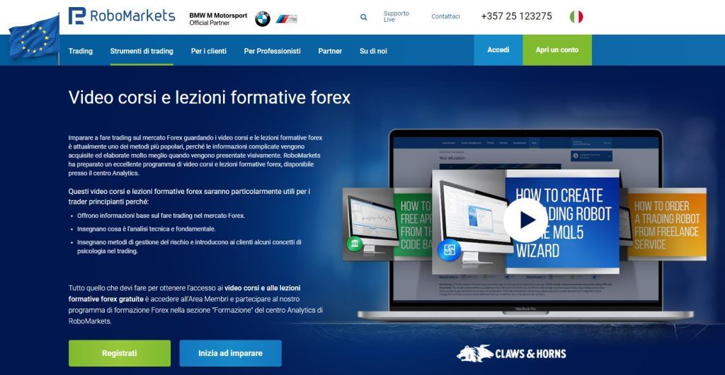Sezione dei video corsi e lezioni formative di Robomarkets