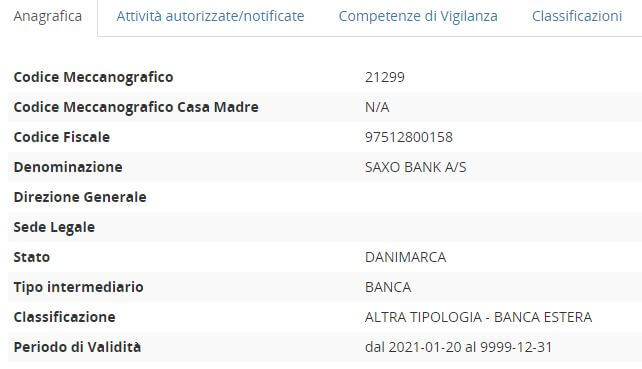 Saxo dati di registrazione banca d'italia