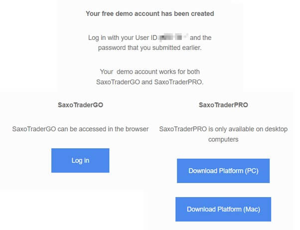 Schermata di conferma per il tuo conto demo con Saxo