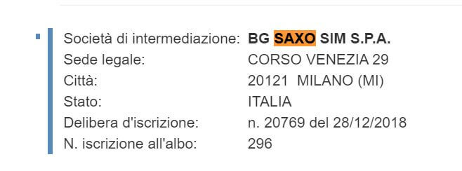 Saxo consob dati di registrazione