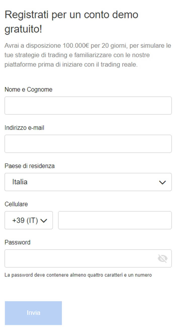 Modulo di registrazione per il tuo conto demo di Saxo