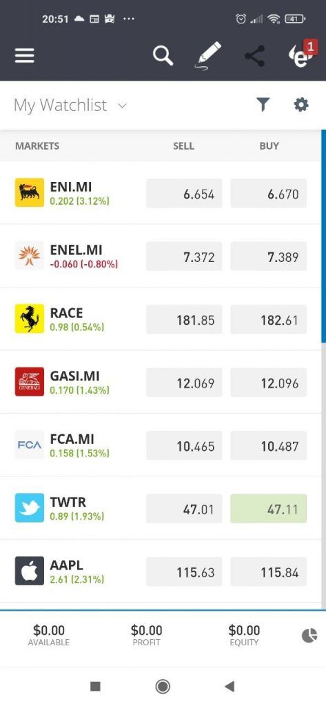 Sezione dedicata al trading di azioni sull'app di eToro per dispositivi mobili