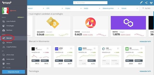 Come accedere alla sezione dei mercati per le azioni di eToro