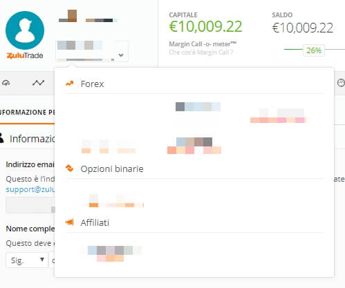 sezione mio conto zulutrade dati conti