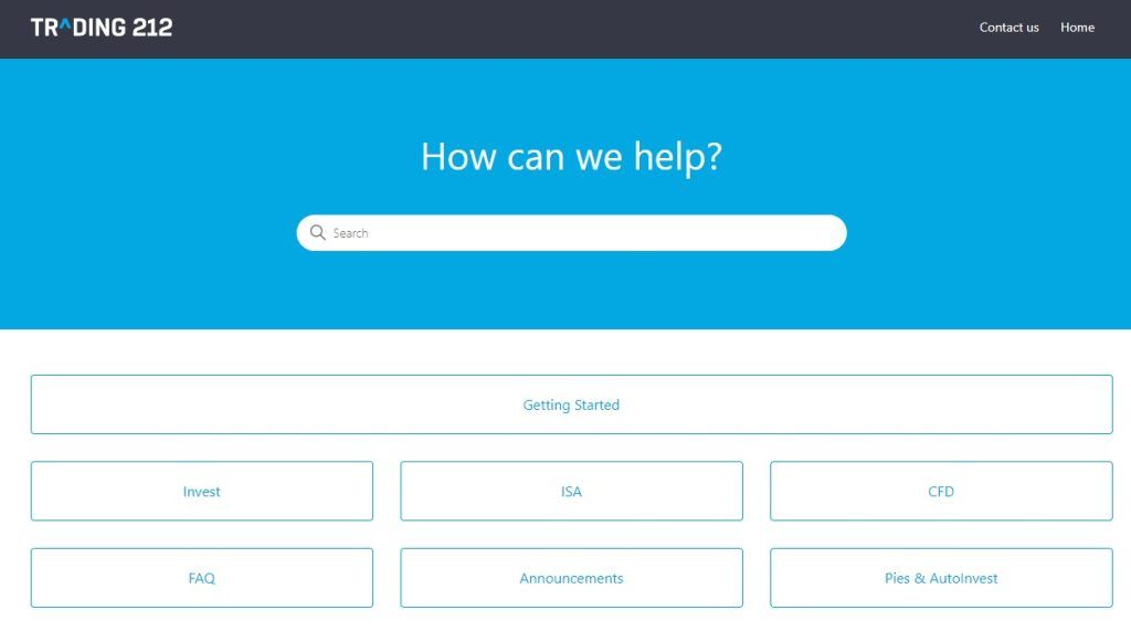 Sezione dedicata all'assistenza di Trading 212