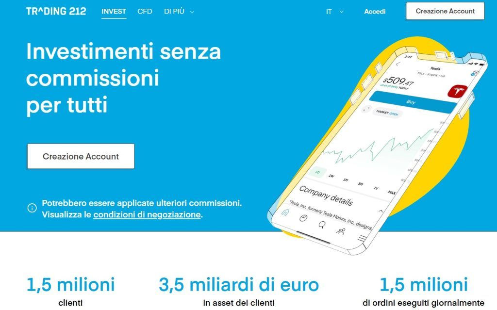 La pagina principale del sito di Trading 212