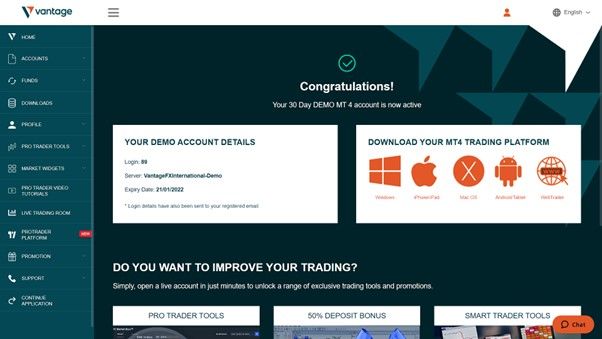 Gestisci il tuo conto demo Vantage dalla dashboard