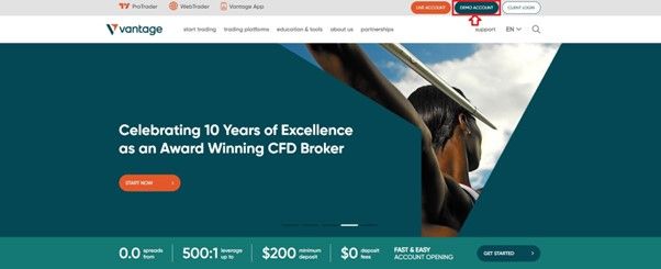 Apri il conto demo Vantage dalla homepage