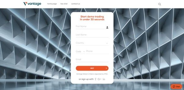 Modulo di registrazione per il conto demo Vantage