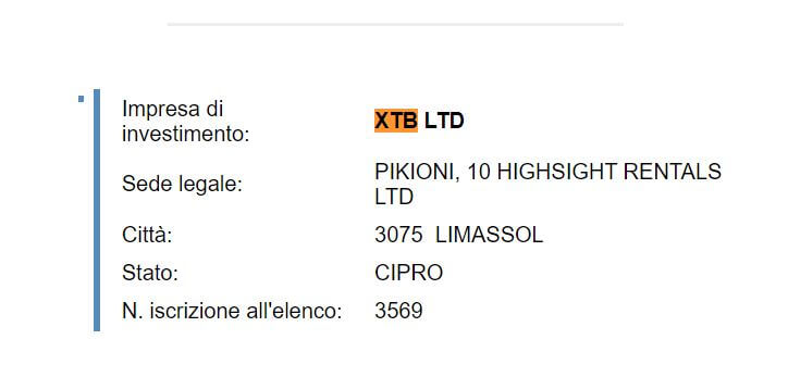 xtb dati di registrazione consob