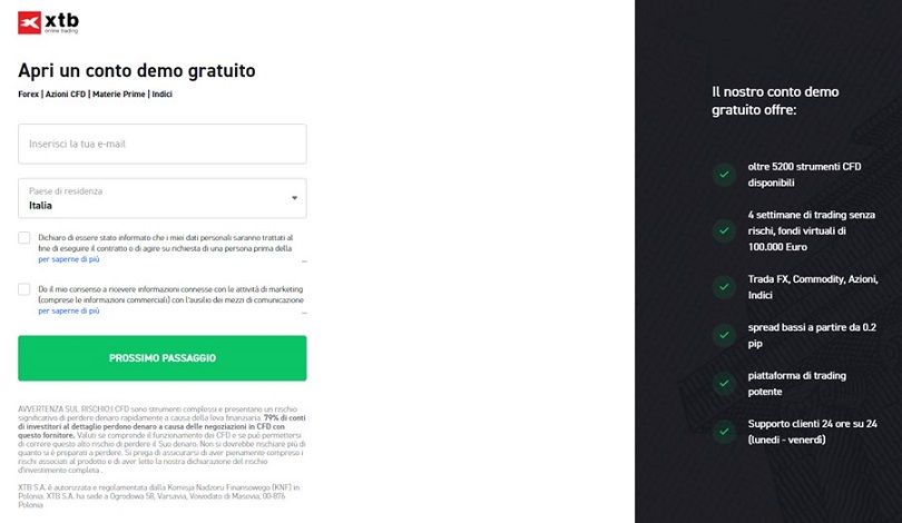 Il modulo di registrazione al conto demo di XTB