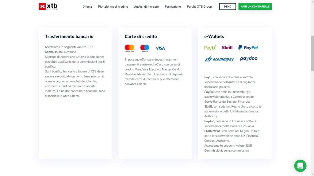 I metodi di deposito disponibili su XTB