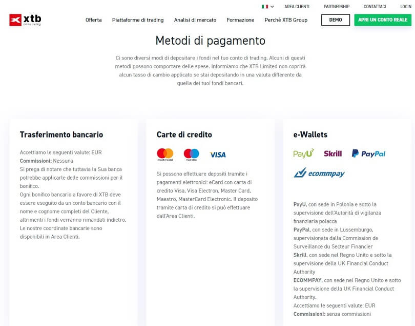 I metodi di pagamento disponibili con XTB