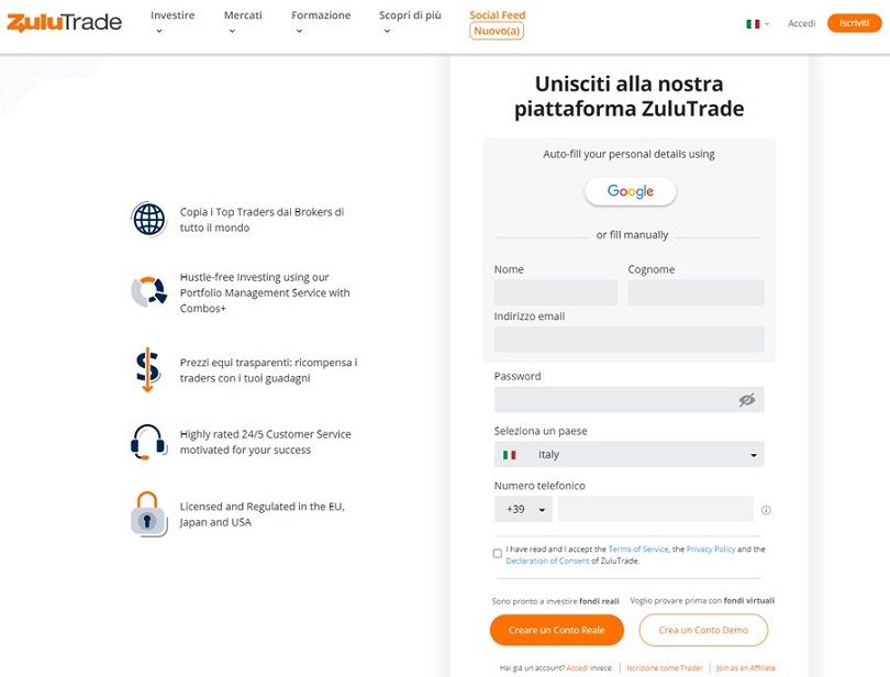 Il modulo di registrazione al conto demo di ZuluTrade